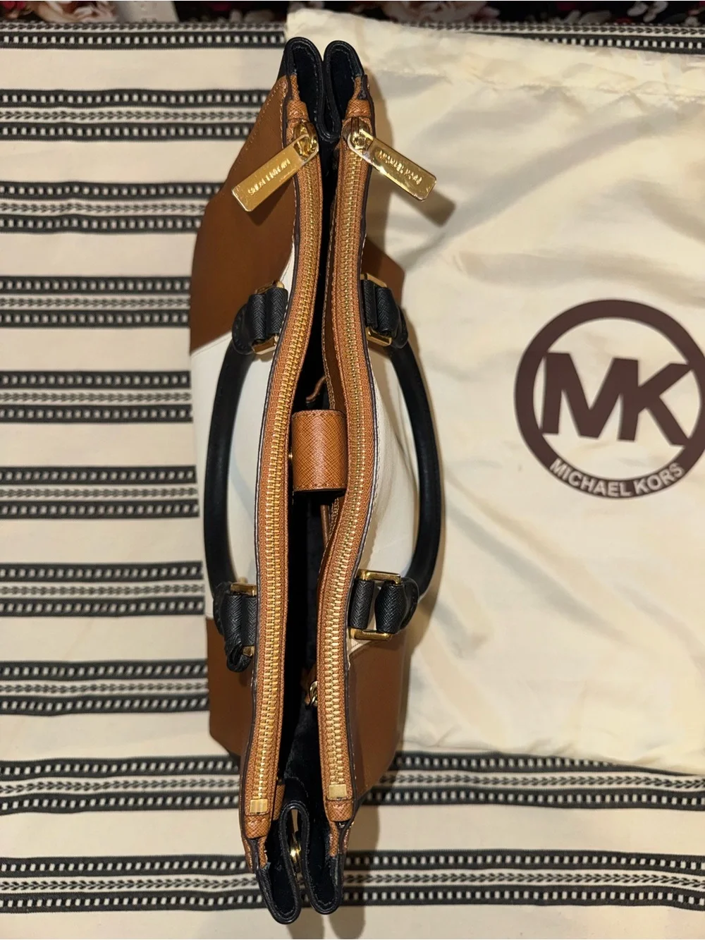 Michael Kors Brown, White & Black Saffiano Colorblock Satchel